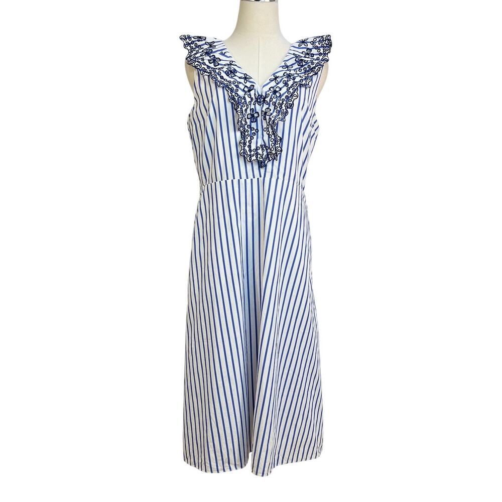 Draper James Lattice Stripe Ruffle Eyelet Dress White Blue